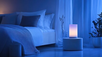 Cozy bedroom at night with ambient light