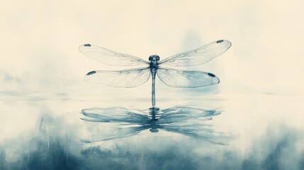 A serene dragonfly perched on water, its reflection mirroring its delicate form against a soft, dreamy background.