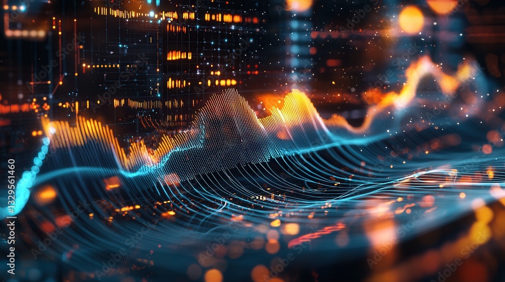 Poster vibrant and dynamic abstract visualization of a sound wave concept featuring neon glowing lines and 