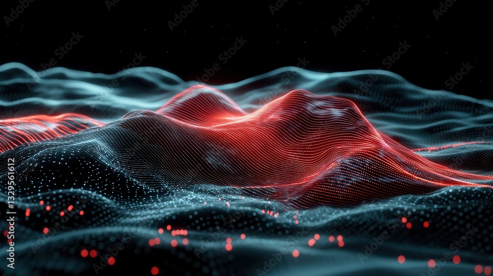 Poster vibrant undulating digital landscape with glowing neon lines luminous particles and a soft unfocused