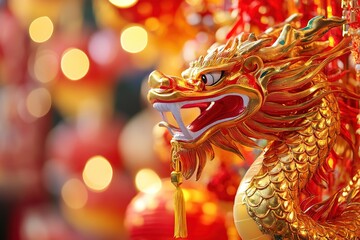 Fototapeta premium A gold dragon with red eyes and a red mouth is sitting on a table