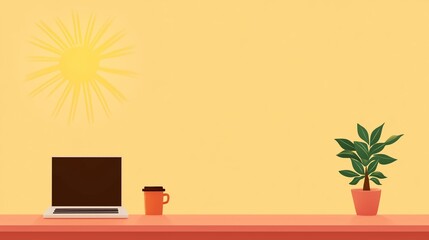 Cozy workspace with laptop and coffee cup on a sunlit desk adorned with a green plant