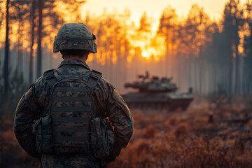 soldier in tactical gear watches tank at sunrise in forest