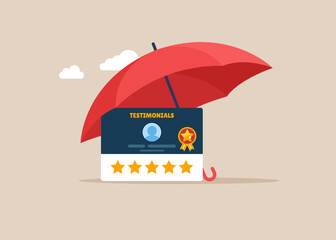 Obraz premium Testimonial card under umbrella. Testimonials client review, customer praise or opinion or feedback giving 5 stars rating, message or positive comment, quality service. Flat vector illustration