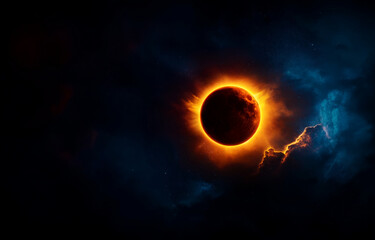 Fototapeta premium stunning total solar eclipse with Earth at center, showcasing sun corona and darkened moon against starry sky. scene evokes sense of wonder and awe