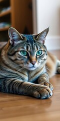  A Majestic Green Eyed Cat Resting on a Wooden Floor in Soft Indoor Lighting