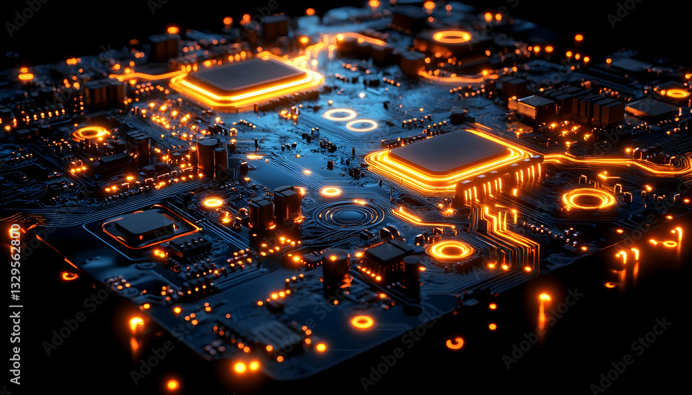 Poster high-tech circuit board with glowing components