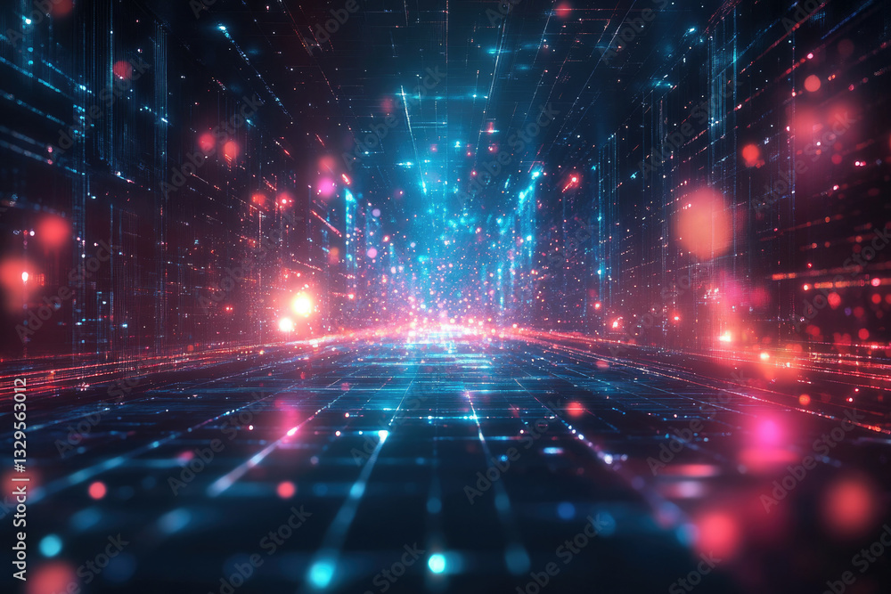 Aufkleber Abstract digital cityscape with glowing lines and particles, representing futuristic technology and data streams.