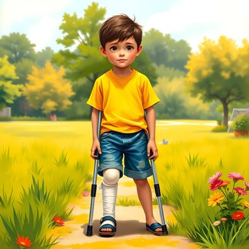 Ni&ntilde;o lesionado con una pierna escayolada y muletas