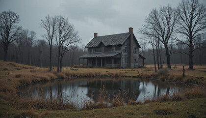 Rustic House by Pond in Barren Landscape Under Overcast Sky
