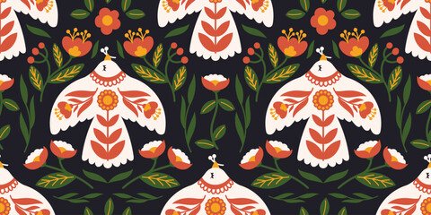 Seamless Folk Art Pattern with Stylized Birds and Floral Motifs in Traditional Scandinavian Style on Dark Background