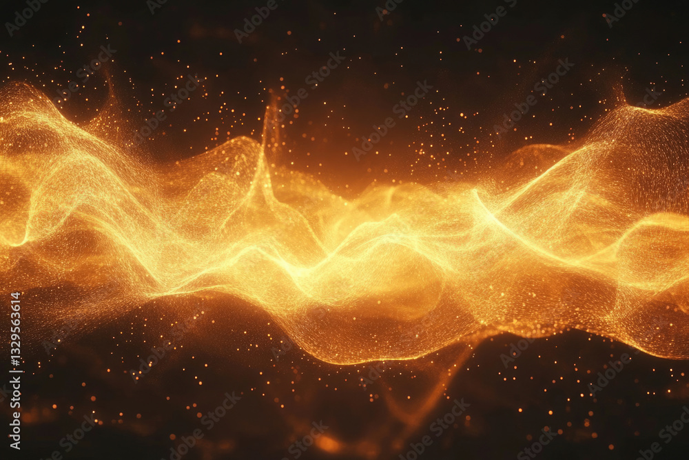 Poster abstract golden wave of particles, glowing with energy and light, dark background.