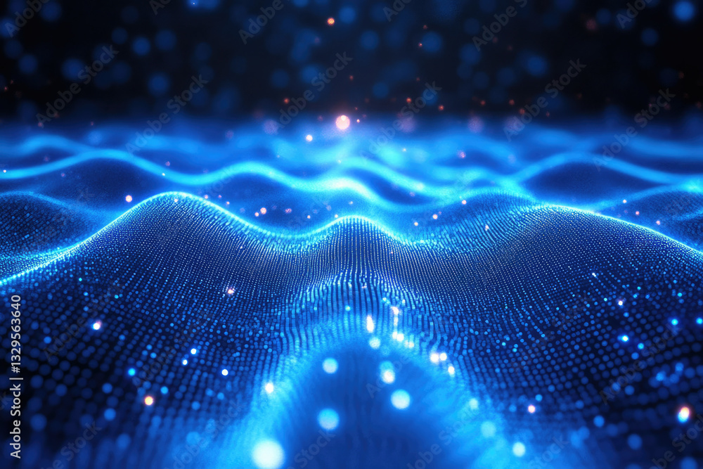 Poster abstract blue digital wave, glowing particles forming a dynamic, undulating surface.