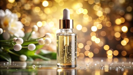 Naklejka premium Luxurious Gold Serum Dropper Bottle with Festive Background