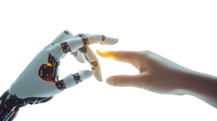 A human hand reaching out to connect with a robotic hand illustrating human-robot interaction.