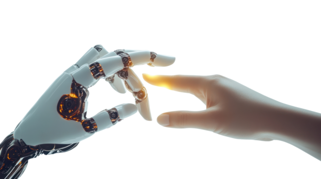 A human hand reaching out to connect with a robotic hand illustrating human-robot interaction.