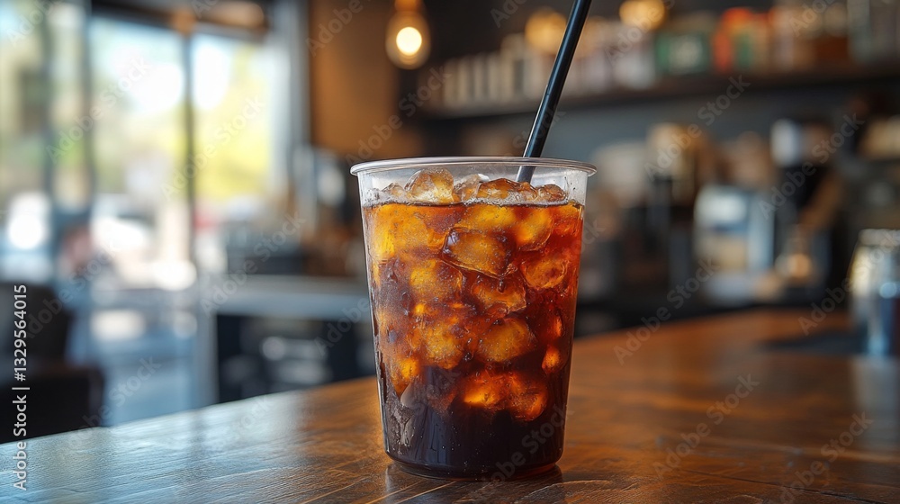 Poster a clear cup filled with iced coffee sits on a wooden table in a modern cafe. the setting features wa