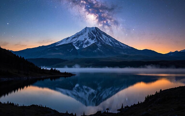 Majestic Snow-Capped Mountain Reflecting on a Tranquil Lake Under a Starry Night Sky with the Milky Way and Twilight Hues Creating a Breathtaking and Serene Landscape of Peace and Wonder