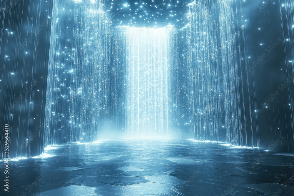 Poster a mesmerizing digital artwork depicting a futuristic, ethereal waterfall of light and glittering par