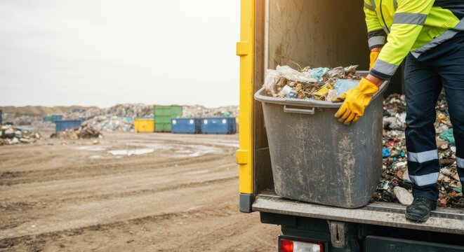 Worker handling industrial waste on a truck at a landfill site