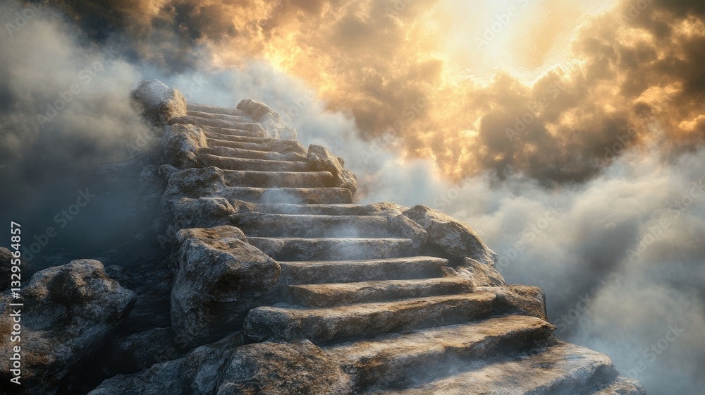 Poster mystical ancient stone steps leading through ethereal clouds towards divine golden light path to spi