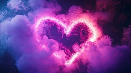 Fototapeta premium Neon pink and purple clouds morphing into glowing heart shapes, realistic steam puff, dark backdrop, soft vapor accents