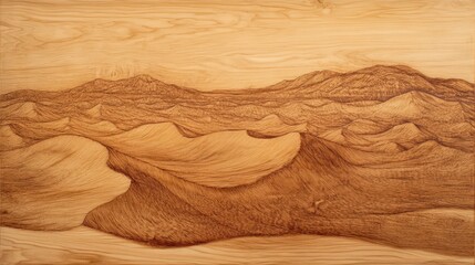 A detailed wood burned artistic depiction of a desert landscape