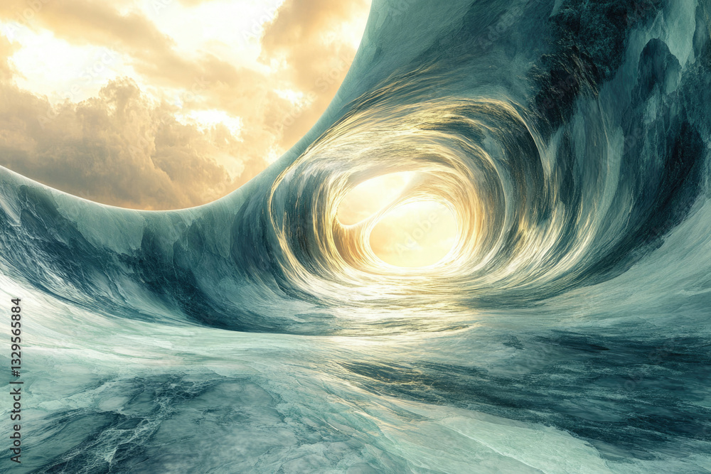 Poster a swirling, turquoise wave forms a tunnel towards a bright, ethereal light under a dramatic sky.