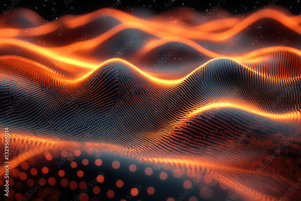 Poster abstract digital landscape with glowing orange particles forming undulating waves against a dark bac