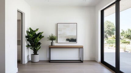 Fototapeta premium Modern living room entryway with minimalist console table bright environment chic design