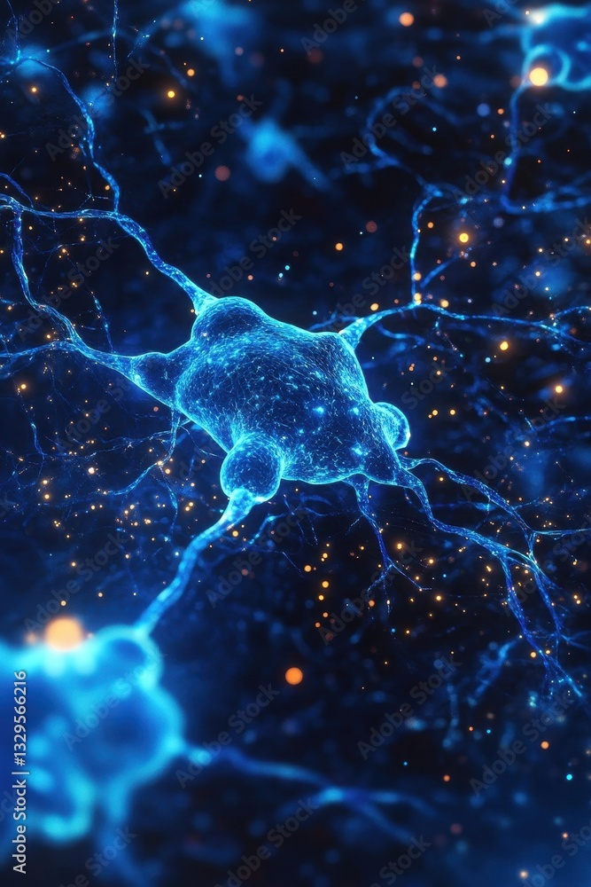 Poster neurotech innovation abstract digital brain network with electric blue neural connections on deep sp