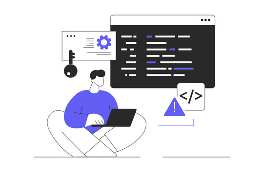 Backend development coding and software programming. Man Character working with code at laptop, engineering program process. Flat Cartoon Vector Illustration, icon. Stylish abstract design for website