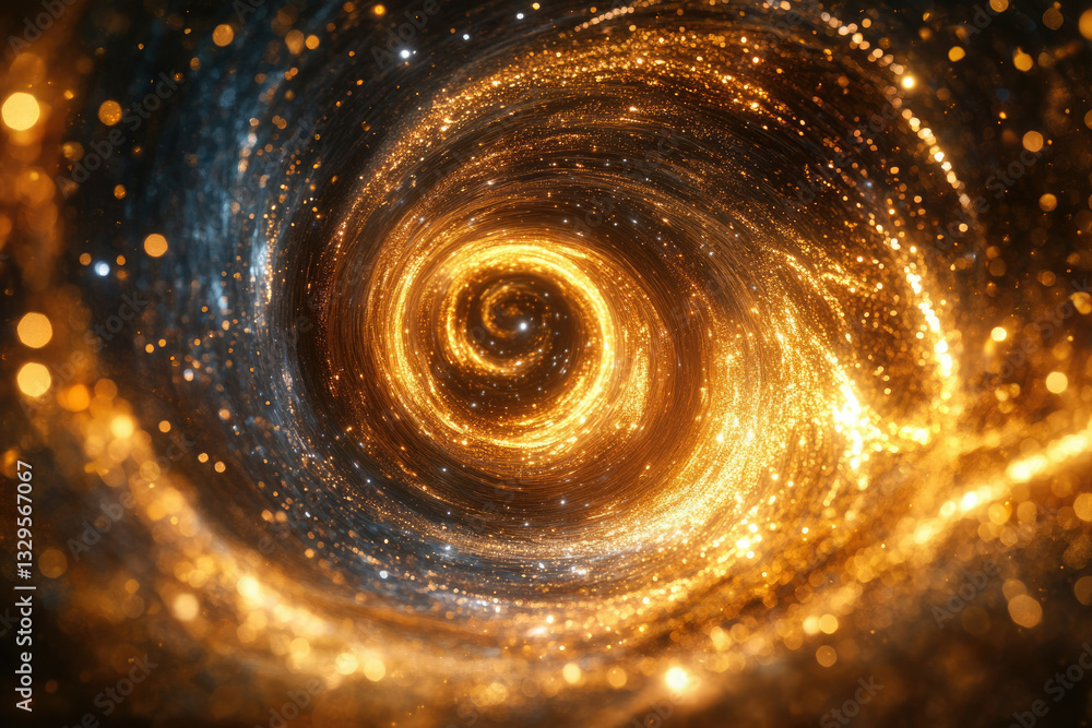 Poster a mesmerizing cosmic swirl of golden and silver sparkles, creating a dazzling, ethereal tunnel effec