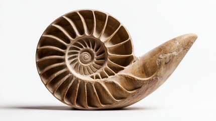 Obraz premium A beautifully spiraled fossilized ammonite shell, showcasing intricate patterns and natural textures in a minimalist setting.