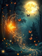  Whimsical Stardust and Butterflies in a Magical Cosmic Forest Under a Glowing Moon