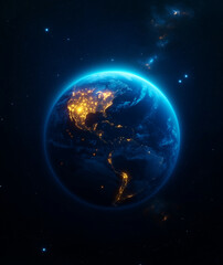 Fototapeta premium image showcases stunning view of Earth from space, illuminated by city lights against backdrop of stars and cosmic elements