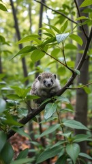  Adorable Hedgehog Sitting on a Branch with Lush Green Leaves in a Calm Forest Setting
