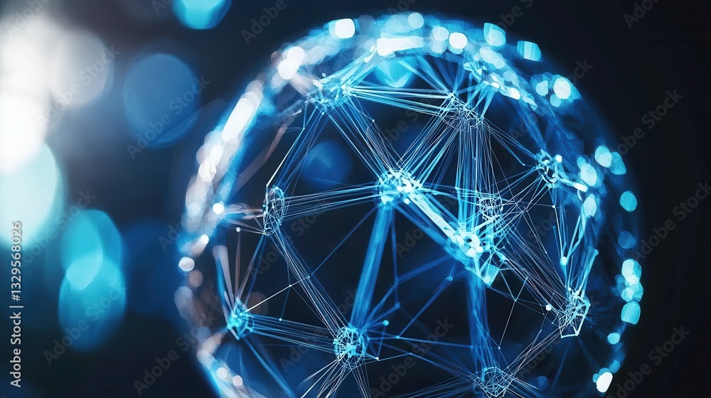 Poster a glowing futuristic digital wireframe sphere with a complex grid like pattern representing the inte