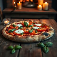  Wood Fired Pizza with Heirloom Tomatoes and Fresh Basil on a Rustic Wooden Table Surrounded by Warm Candlelight