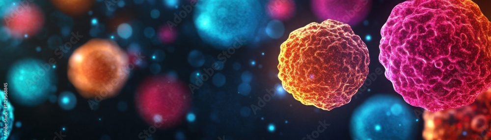 Poster a vibrant depiction of colorful cells in a dark background, showcasing intricate structures and live