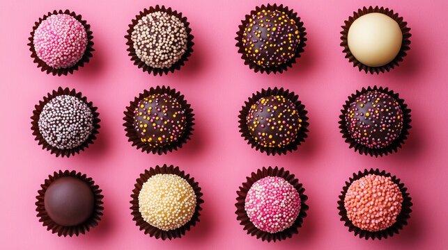 Assorted Brigadeiro Chocolate Truffles with Colorful Sprinkles on Pink Background
