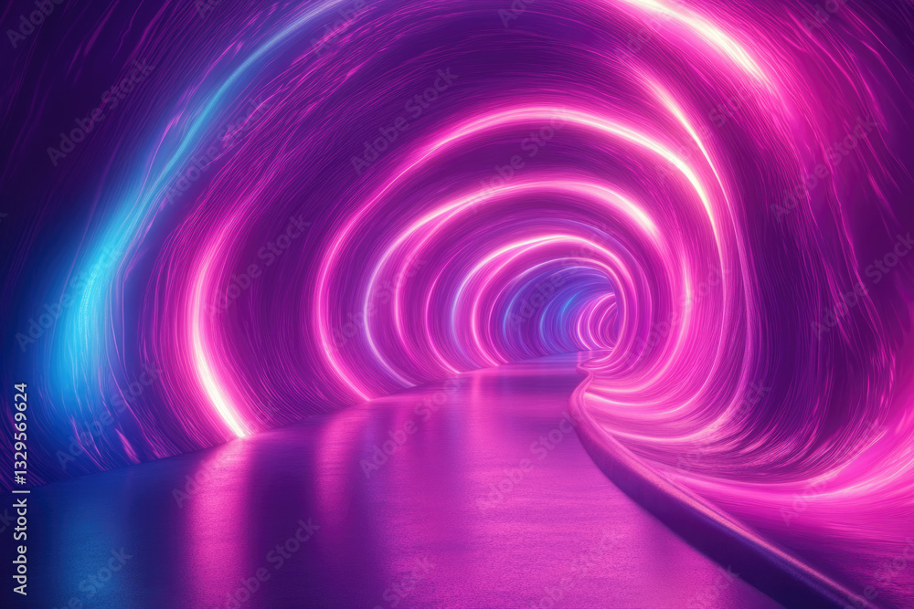 Poster neon tunnel with vibrant pink and blue glowing lines creating a swirling, futuristic effect.