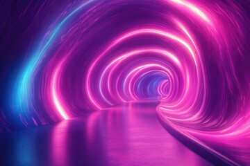 Neon tunnel with vibrant pink and blue glowing lines creating a swirling, futuristic effect.