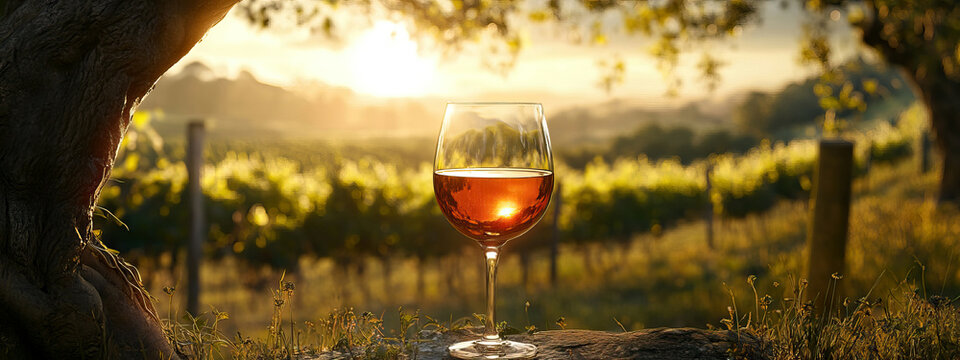 Glass of rosé wine on a rustic stone with a scenic vineyard view at sunset