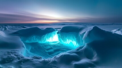 Fototapeta premium Frozen tundra with luminescent ice caves, glowing from within, deep blue hues