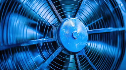 Blue hue of spinning HVAC blades Background of industrial ventilation fan