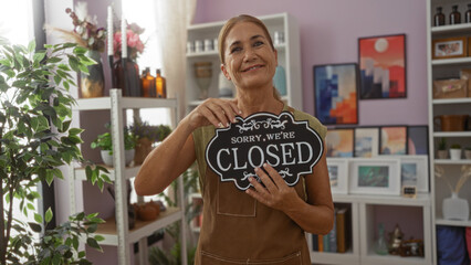 Woman holding closed sign in decorated store with shelves of home decor