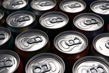 Many aluminium cans of beverage as background, closeup