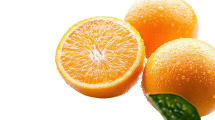 Fresh oranges with droplets of water, showcasing vibrant color and juicy texture against a white isolated background.