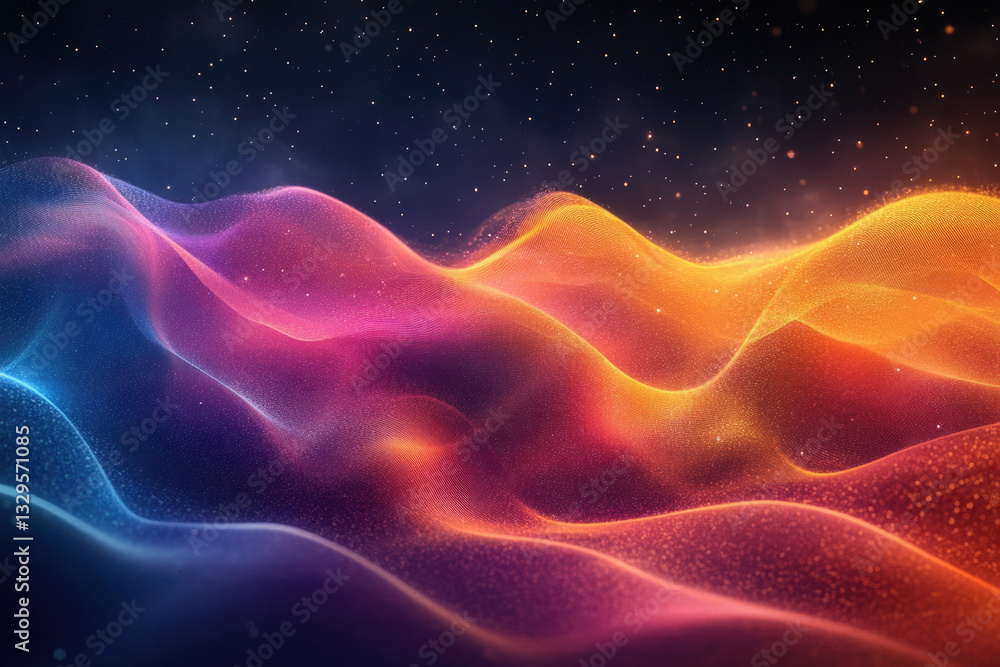 Poster abstract colorful wavy landscape with glowing particles and a starry background.